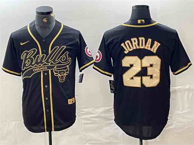 Men's Chicago Bulls #23 Michael Jordan Black Gold button jersey