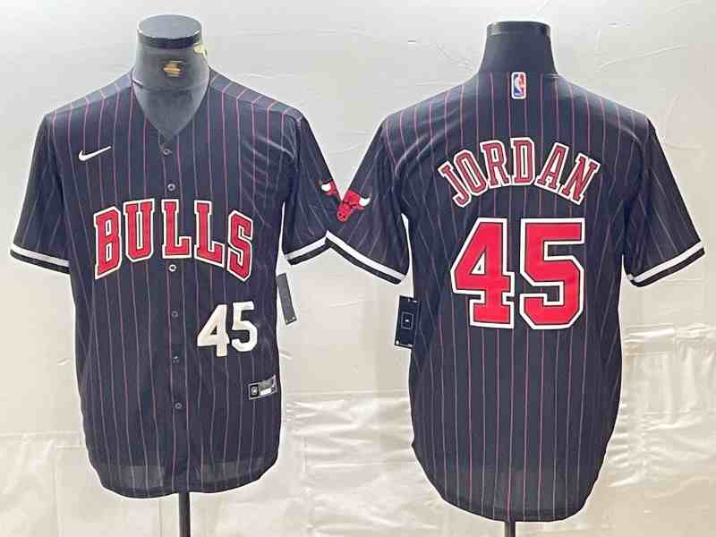 Men's Chicago Bulls #45 Michael Jordan Number Black Pinstripe button jersey