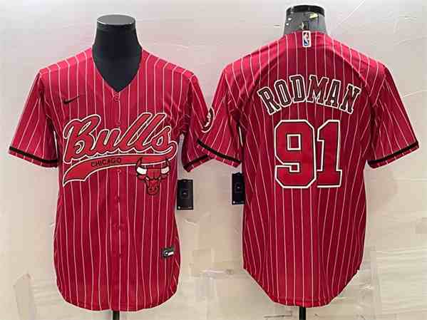 Men's Chicago Bulls #91 Dennis Rodman Red With Patch Cool Base Stitched Baseball  Jersey