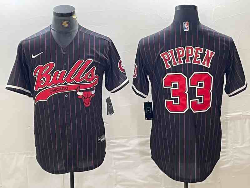 Men's Chicago Bulls #33 Scottie Pippen Black Pinstripe button jersey
