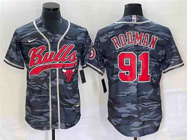Men's Chicago Bulls #91 Dennis Rodman Gray Camo button jersey