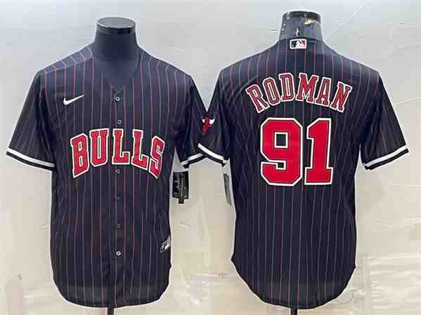 Men's Chicago Bulls #91 Dennis Rodman Black button jersey