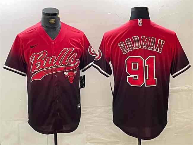 Men's Chicago Bulls #91 Dennis Rodman Red Black button jersey