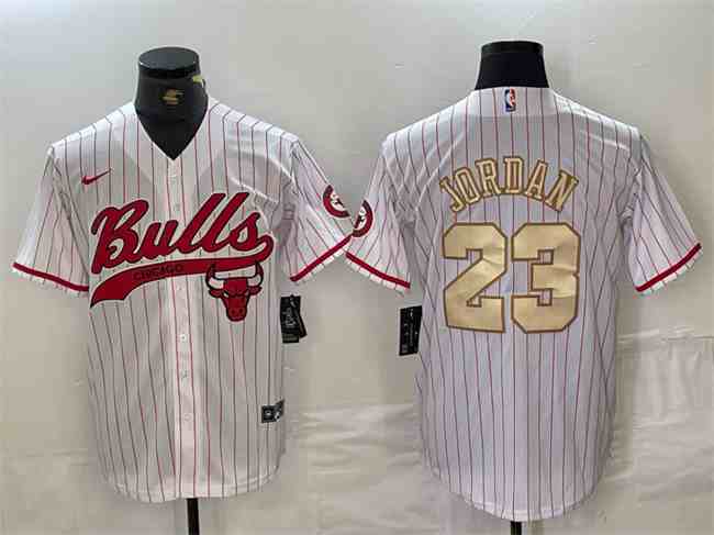 Men's Chicago Bulls #23 Michael Jordan White Gold button jersey