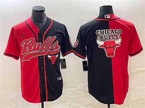 Men's Chicago Bulls Red Black Split Team Big Logo button jersey