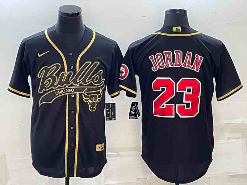 Men's Chicago Bulls #23 Michael Jordan Black Gold With Patch button jersey