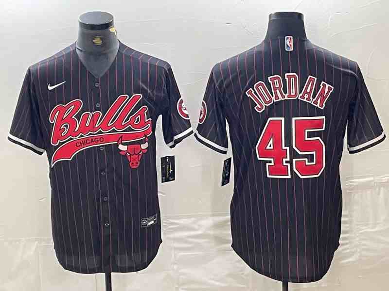 Men's Chicago Bulls #45 Michael Jordan Black Pinstripe button jersey