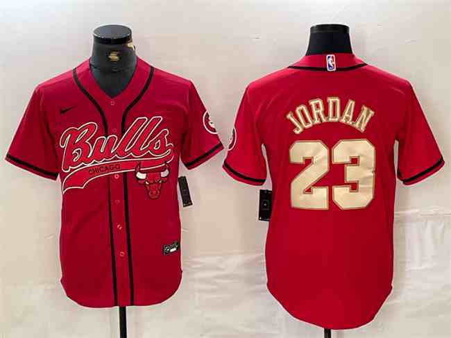 Men's Chicago Bulls #23 Michael Jordan Red Gold button jersey