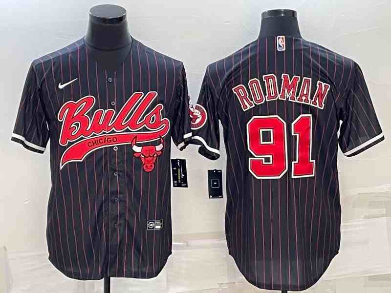 Men's Chicago Bulls #91 Dennis Rodman Black button jersey (4)