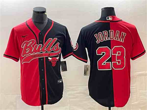 Men's Chicago Bulls #23 Michael Jordan Red Black Split button jersey