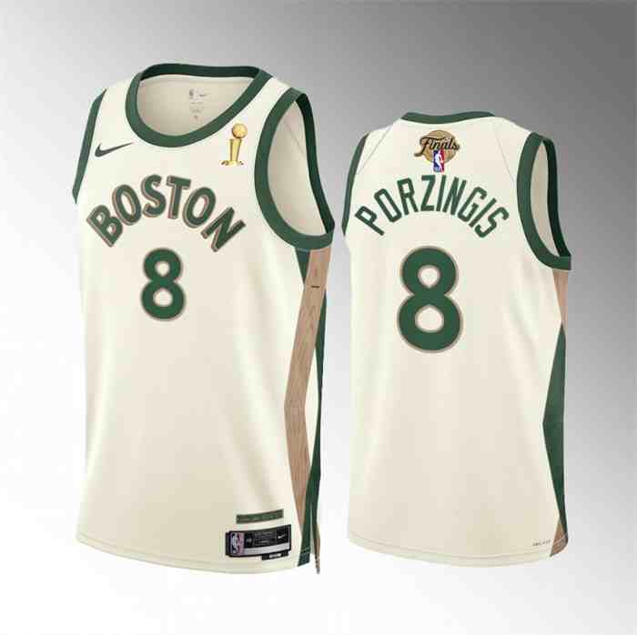 Men's Boston Celtics #8 Kristaps Porzingis 2024 Finals Champions City Edition Stitched Basketball Jersey