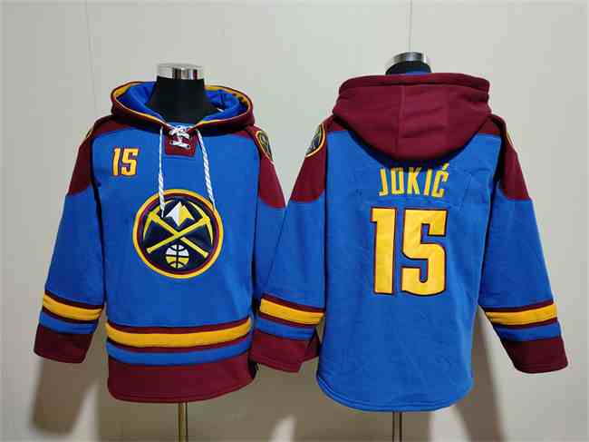 Men's Denver Nuggets #15 Nikola Jokic Blue Red Lace-Up Pullover Hoodie