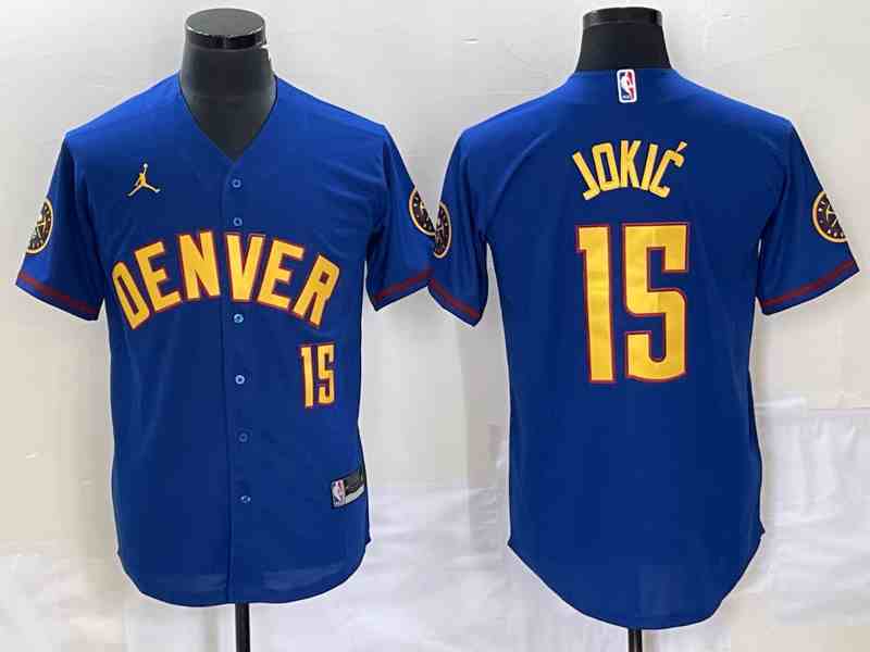 Men's Denver Nuggets #15 Nikola Jokic Blue With Patch Stitched Baseball Jersey