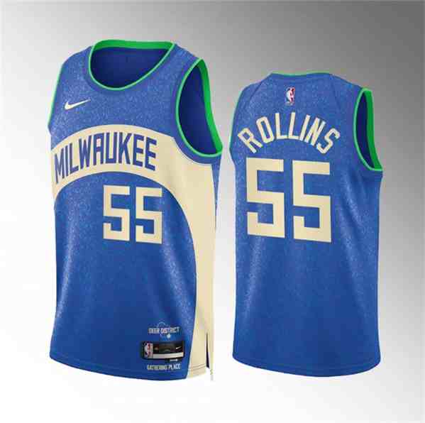 Men's Milwaukee Bucks #55 Ryan Rollins 2023-24 Blue City Edition Stitched Basketball Jersey