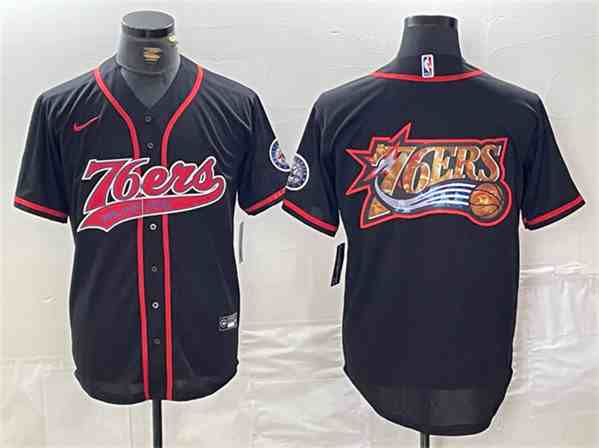 Men's Philadelphia 76ers Team Big Logo Black button jersey