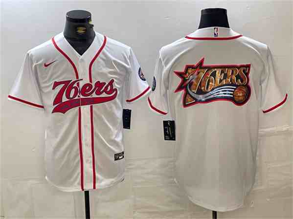 Men's Philadelphia 76ers Team Big Logo White button jersey
