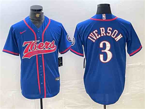 Men's Philadelphia 76ers #3 Allen Iverson Royal button jersey