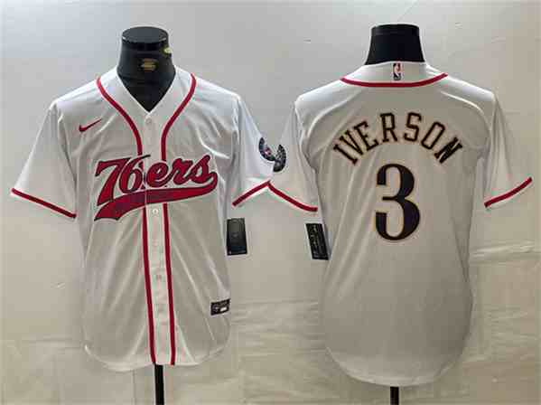 Men's Philadelphia 76ers #3 Allen Iverson White button jersey