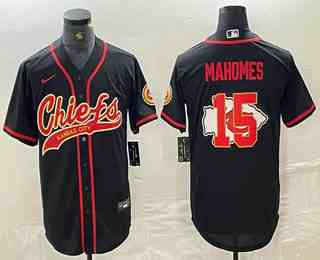Men's Kansas City Chiefs #15 Patrick Mahomes Black Team Big Logo With Patch Cool Base Stitched Baseball Jersey