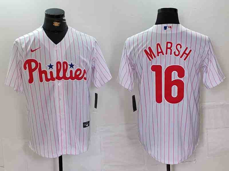 Men's Philadelphia Phillies #16 Brandon Marsh White Pinstripe Stitched Cool Base Jersey