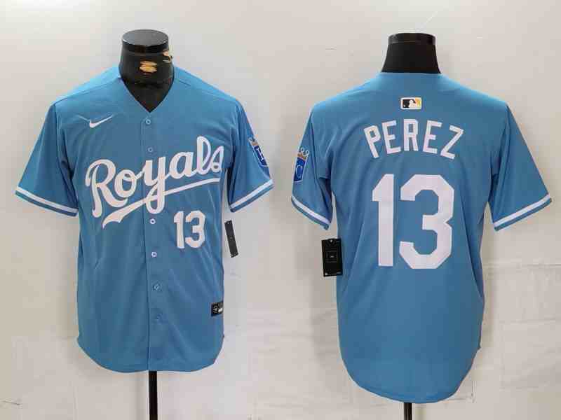 Men's Kansas City Royals #13 Salvador Perez Number Light Blue Cool Base Stitched Jersey