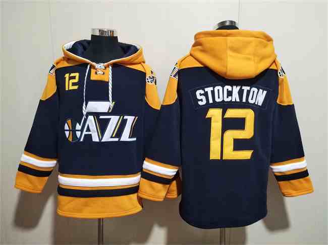 Men's Utah Jazz #12 John Stockton Lace-Up Pullover Hoodie