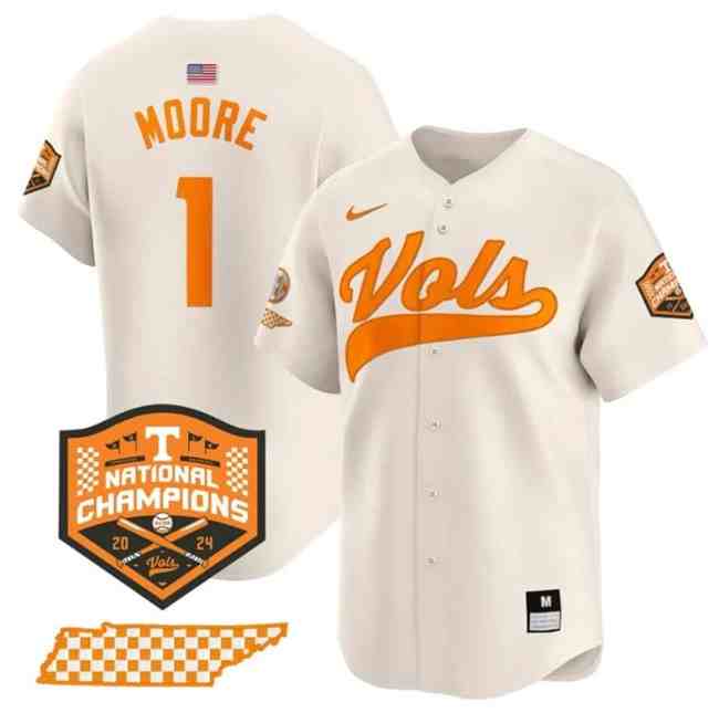 Men's Tennessee Volunteers #1 Christian Moore Cream 2024 national Champions Vapor Limited Stitched Jersey