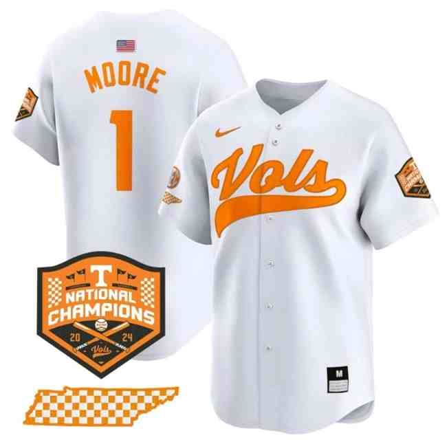 Men's Tennessee Volunteers #1 Christian Moore White 2024 national Champions Vapor Limited Stitched Jersey