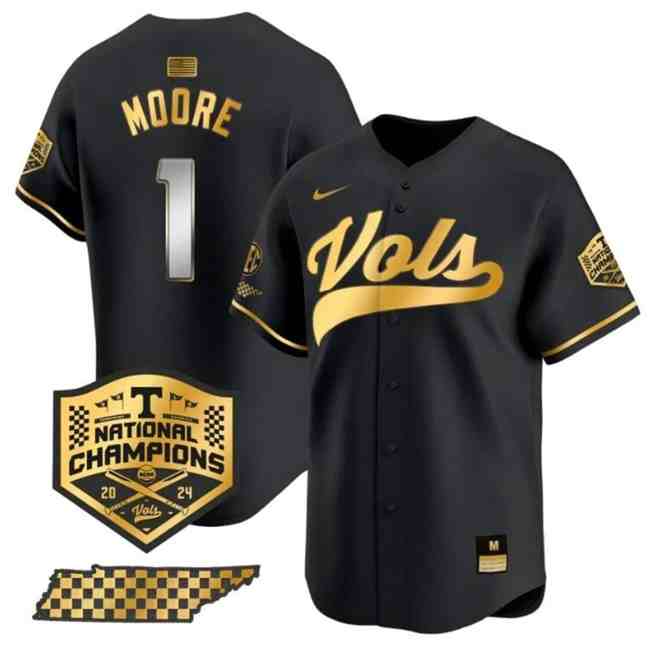 Men's Tennessee Volunteers #1 Christian Moore Black Gold 2024 national Champions Vapor Limited Stitched Jersey