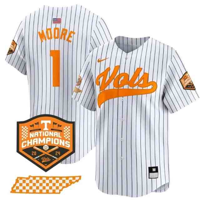 Men's Tennessee Volunteers #1 Christian Moore White Pinstripe 2024 national Champions Vapor Limited Stitched Jersey
