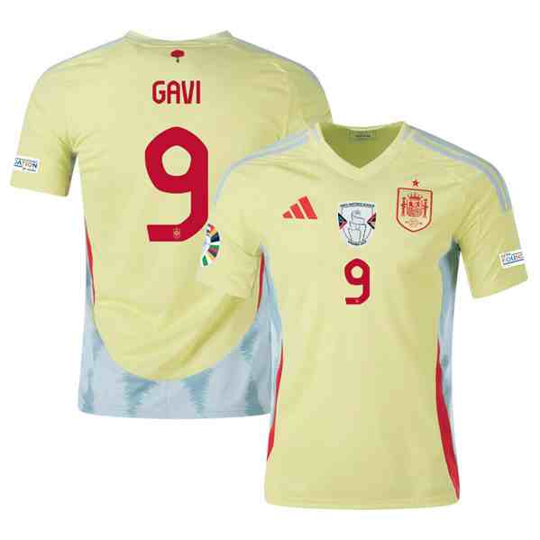 Men's Spain Team #9 Gavi Yellow 2024 Away Soccer Jersey
