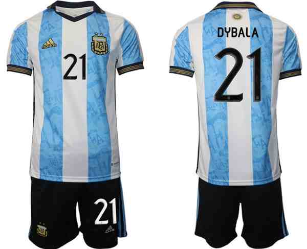 Men's Argentina #21 Dybala Maradona White Blue Home Soccer Jersey Suit