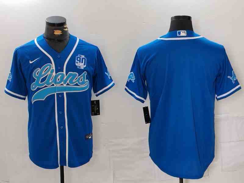Men's Detroit Lions Blank Blue With 90th Patch Cool Base Stitched  Button Jersey