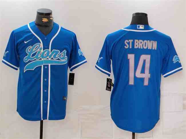 Men's Detroit Lions #14 Amon-Ra St. Brown Blue Cool Base Stitched  Button Jersey