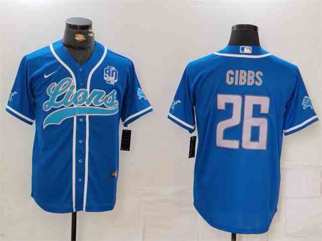 Men's Detroit Lions #26 Jahmyr Gibbs Blue With 90th Anniversary Patch Cool Base Stitched Button Jersey