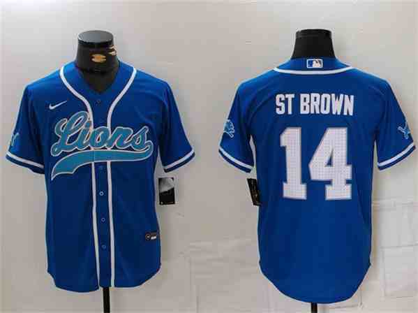 Men's Detroit Lions #14 Amon-Ra St. Brown Blue Cool Base Stitched  Button Jersey (2)