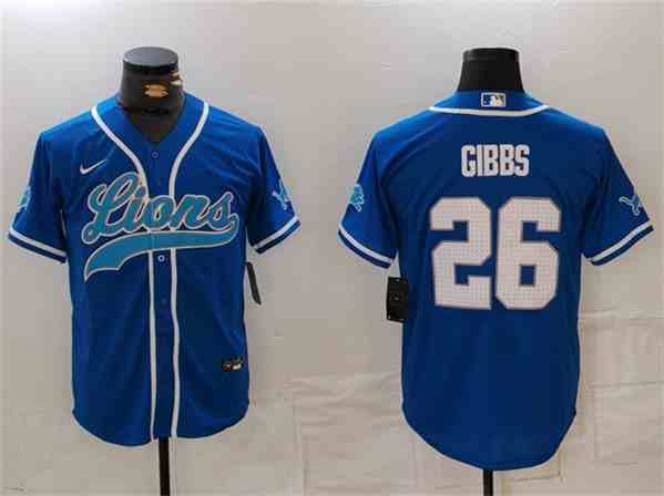 Men's Detroit Lions #26 Jahmyr Gibbs Blue Cool Base Stitched  Button Jersey (2)