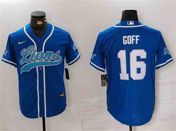 Men's Detroit Lions #16 Jared Goff Blue Cool Base Stitched  Button Jersey (2)