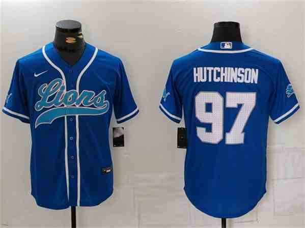 Men's Detroit Lions #97 Aidan Hutchinson Blue Cool Base Stitched  Button Jersey (2)