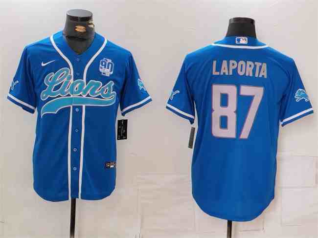 Men's Detroit Lions #87 Sam LaPorta Blue With 90th Anniversary Patch Cool Base Stitched  Button Jersey