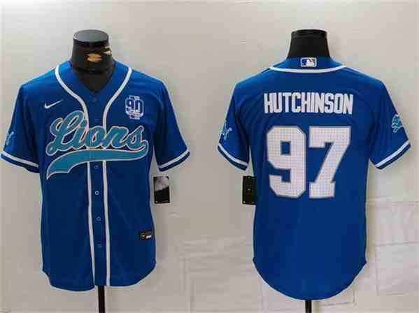 Men's Detroit Lions #97 Aidan Hutchinson Blue With 90th Anniversary Patch Cool Base Stitched  Button Jersey