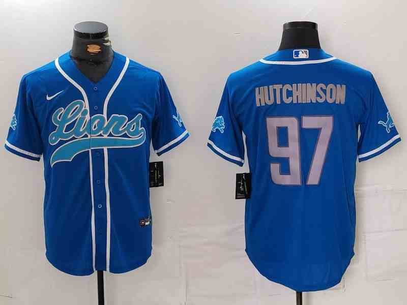 Men's Detroit Lions #97 Aidan Hutchinson Blue Cool Base Stitched  Button Jersey