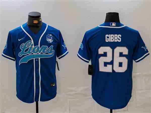 Men's Detroit Lions #26 Jahmyr Gibbs Blue With 90th Anniversary Patch Cool Base Stitched  Button Jersey