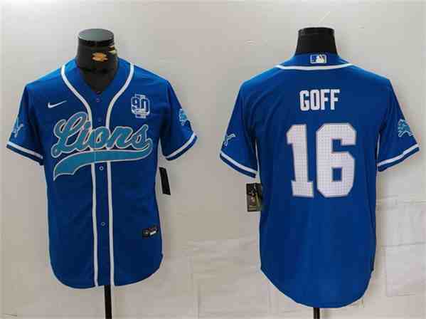 Men's Detroit Lions #16 Jared Goff Blue With 90th Anniversary Patch Cool Base Stitched  Button Jersey (2)