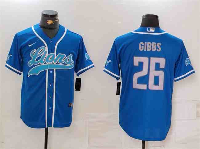 Men's Detroit Lions #26 Jahmyr Gibbs Blue Cool Base Stitched  Button Jersey