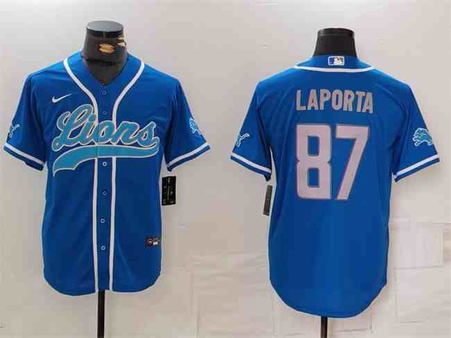 Men's Detroit Lions #87 Sam LaPorta Blue Cool Base Stitched  Button Jersey