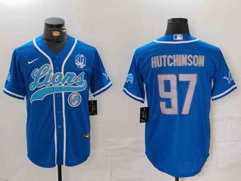 Men's Detroit Lions #97 Aidan Hutchinson Blue With 90th Patch Cool Base Stitched  Button Jersey