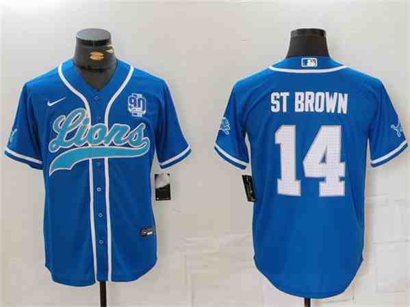 Men's Detroit Lions #14 Amon-Ra St. Brown Blue With 90th Anniversary Patch Cool Base Stitched  Button Jersey (2)