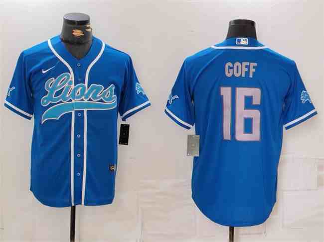 Men's Detroit Lions #16 Jared Goff Blue Cool Base Stitched  Button Jersey
