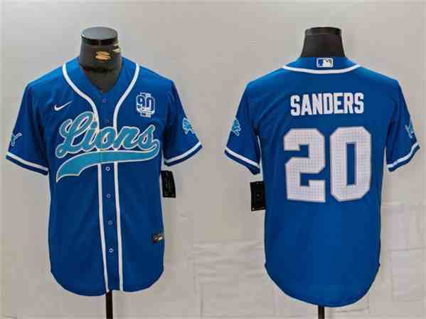 Men's Detroit Lions #20 Barry Sanders Blue With 90th Anniversary Patch Cool Base Stitched  Button Jersey